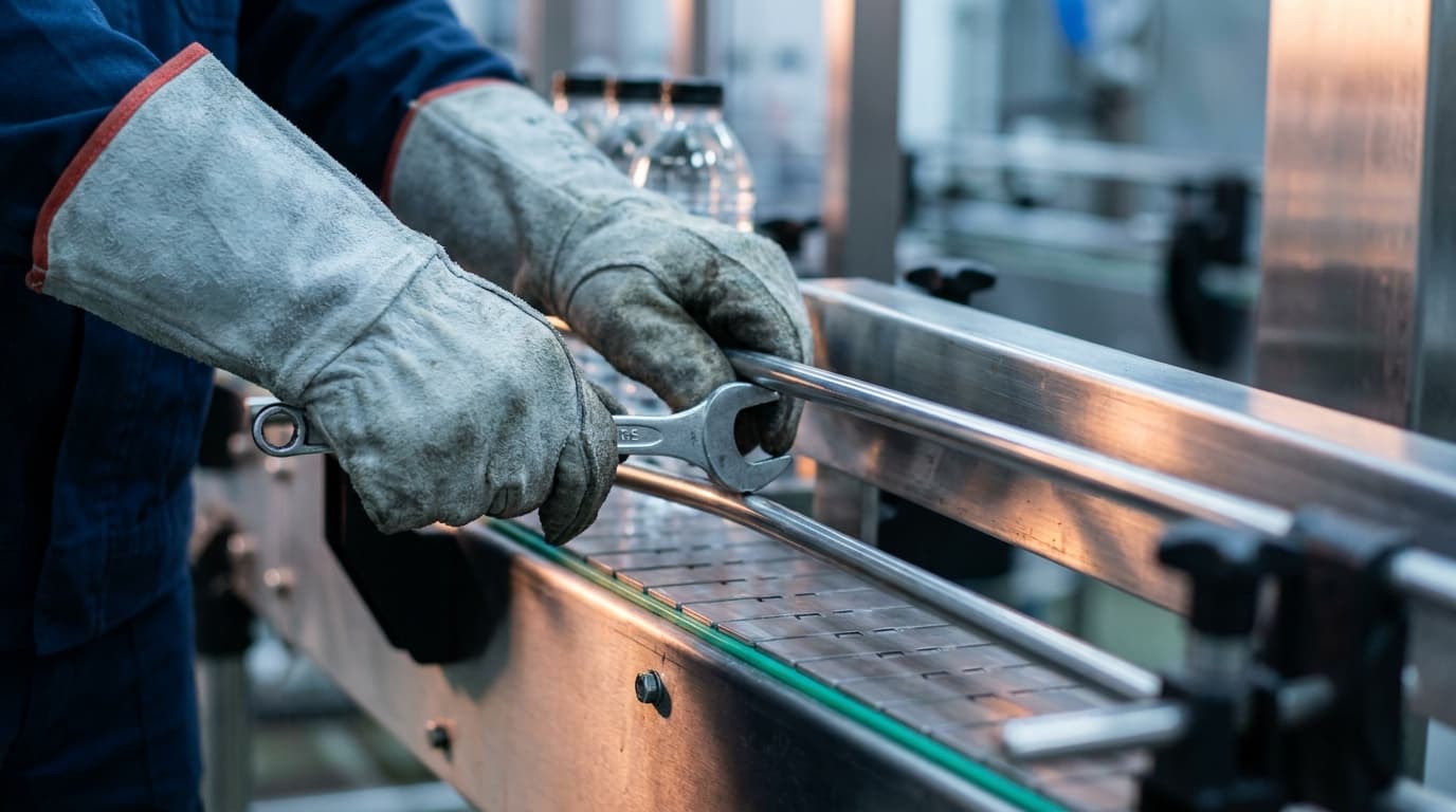 Close-up of a machine operator's hands adjusting a guide rail on a conveyor line