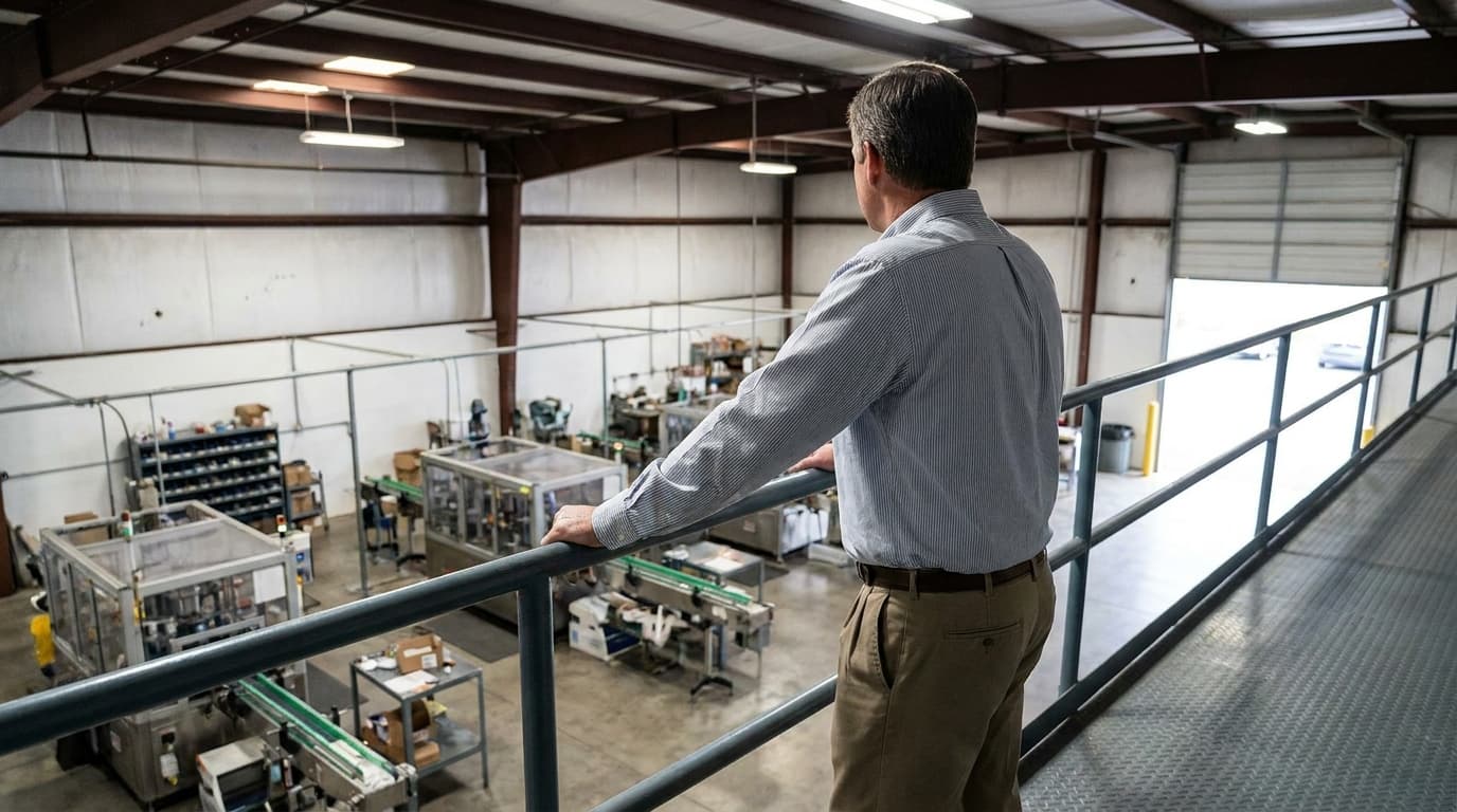 Plant manager of a small facility standing on a mezzanine overlooking three production lines