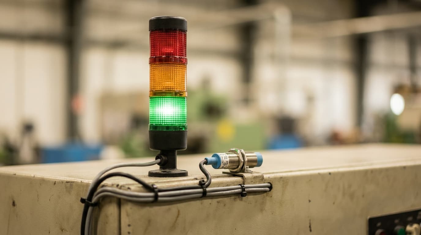 Simple stack light and small sensor mounted on an older production machine, wiring neatly cable-tied