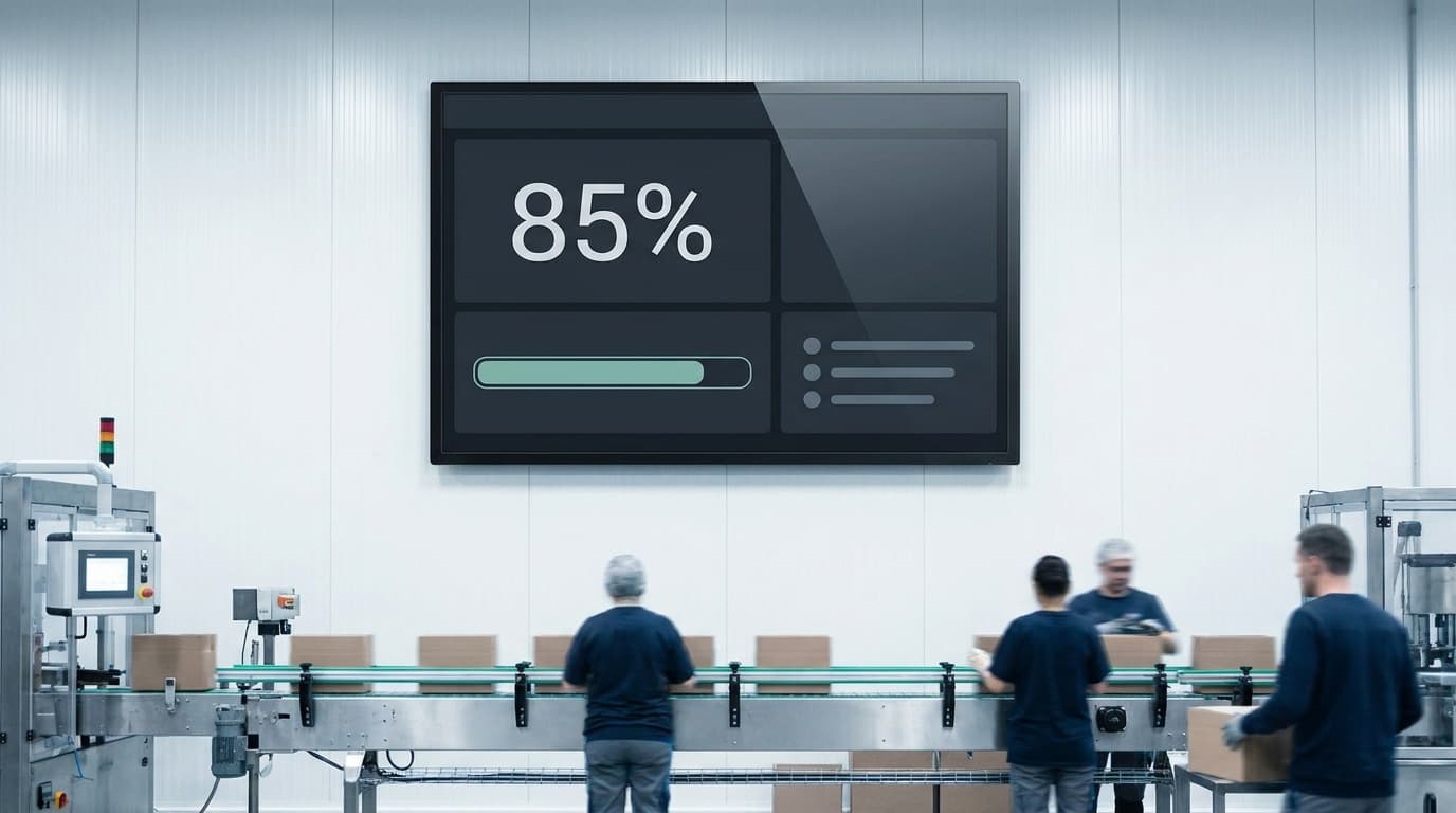 Large wall-mounted dashboard screen above a packaging line showing shift progress and status