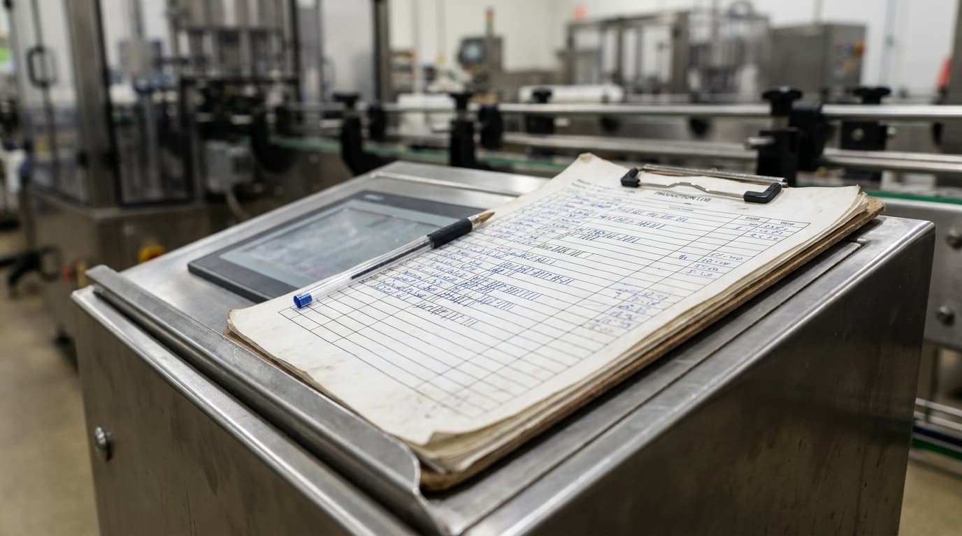 Clipboard with a handwritten production log sheet resting on a machine control panel