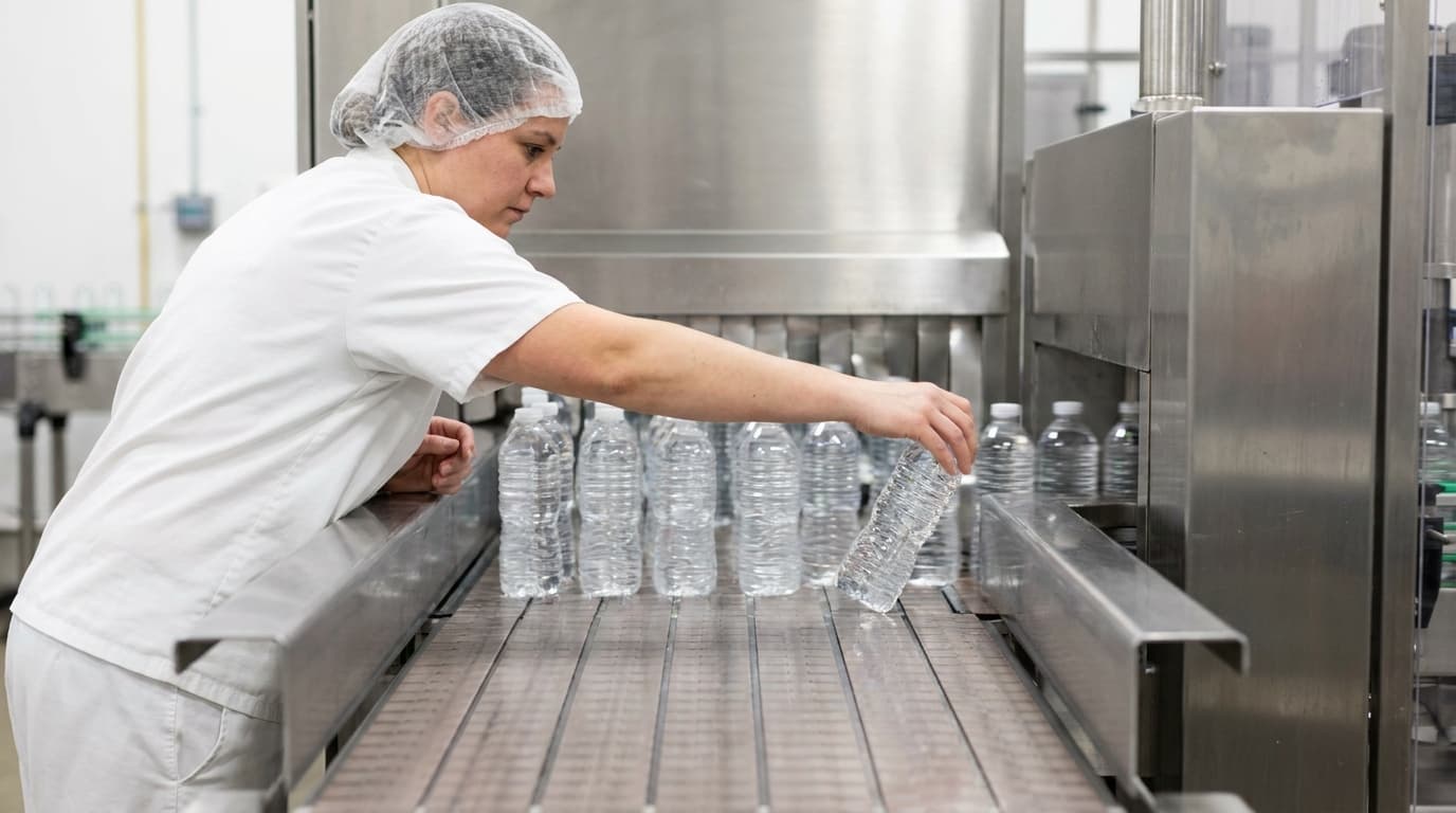 Operator reaching into a conveyor to clear a jammed container while the line waits