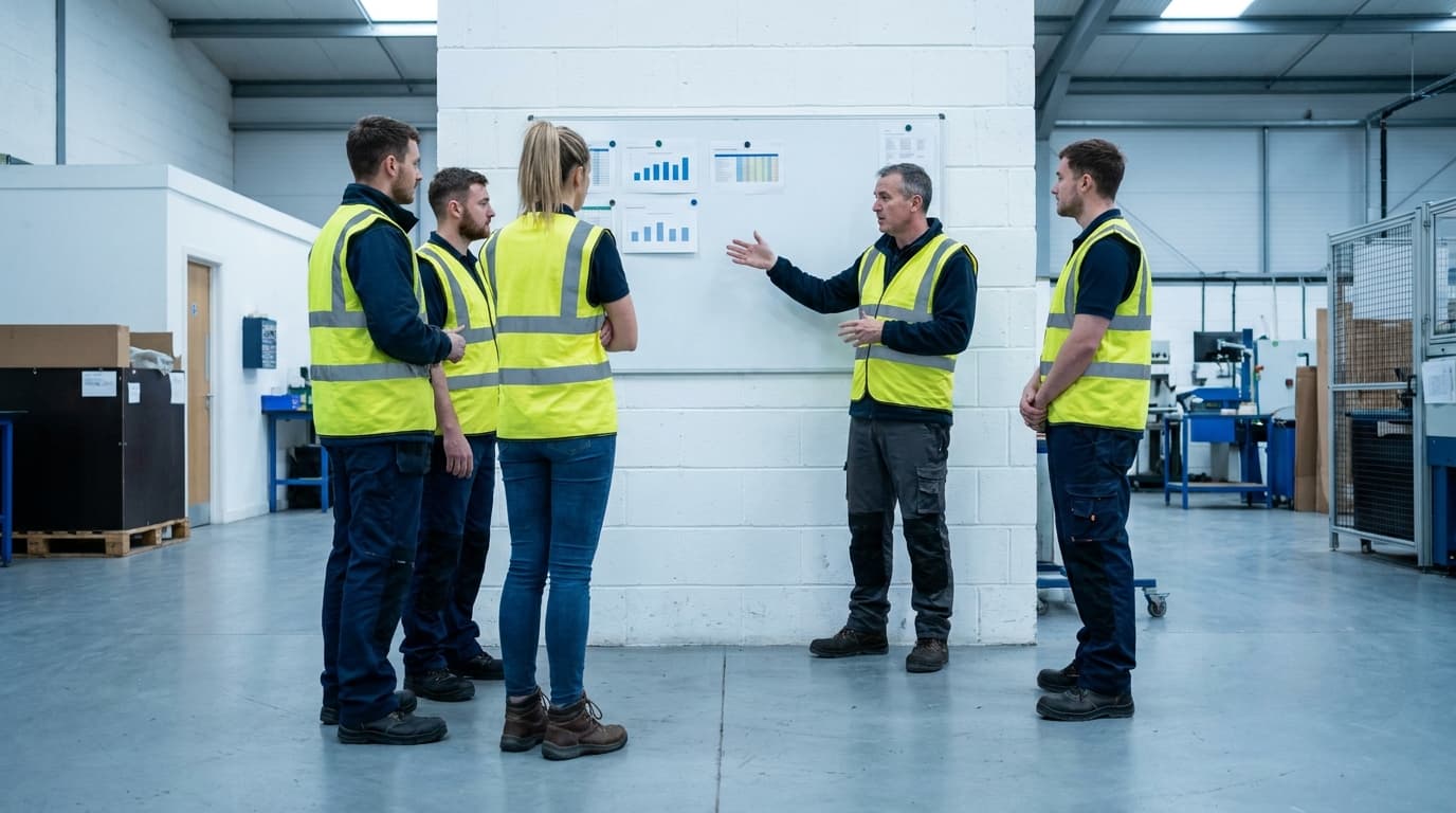 Small production team gathered around a wall board during a morning meeting on the factory floor