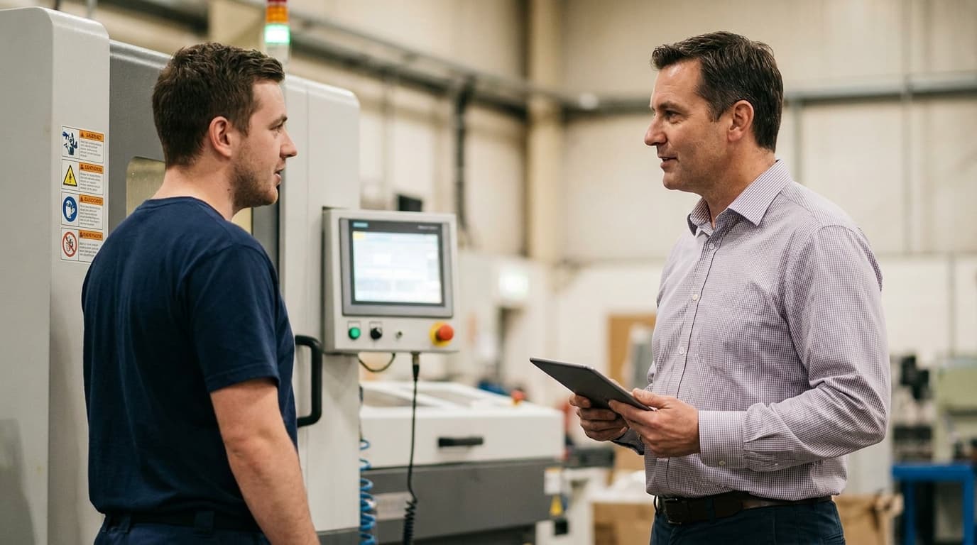 Supervisor and operator talking calmly beside a machine displaying performance figures on a small screen