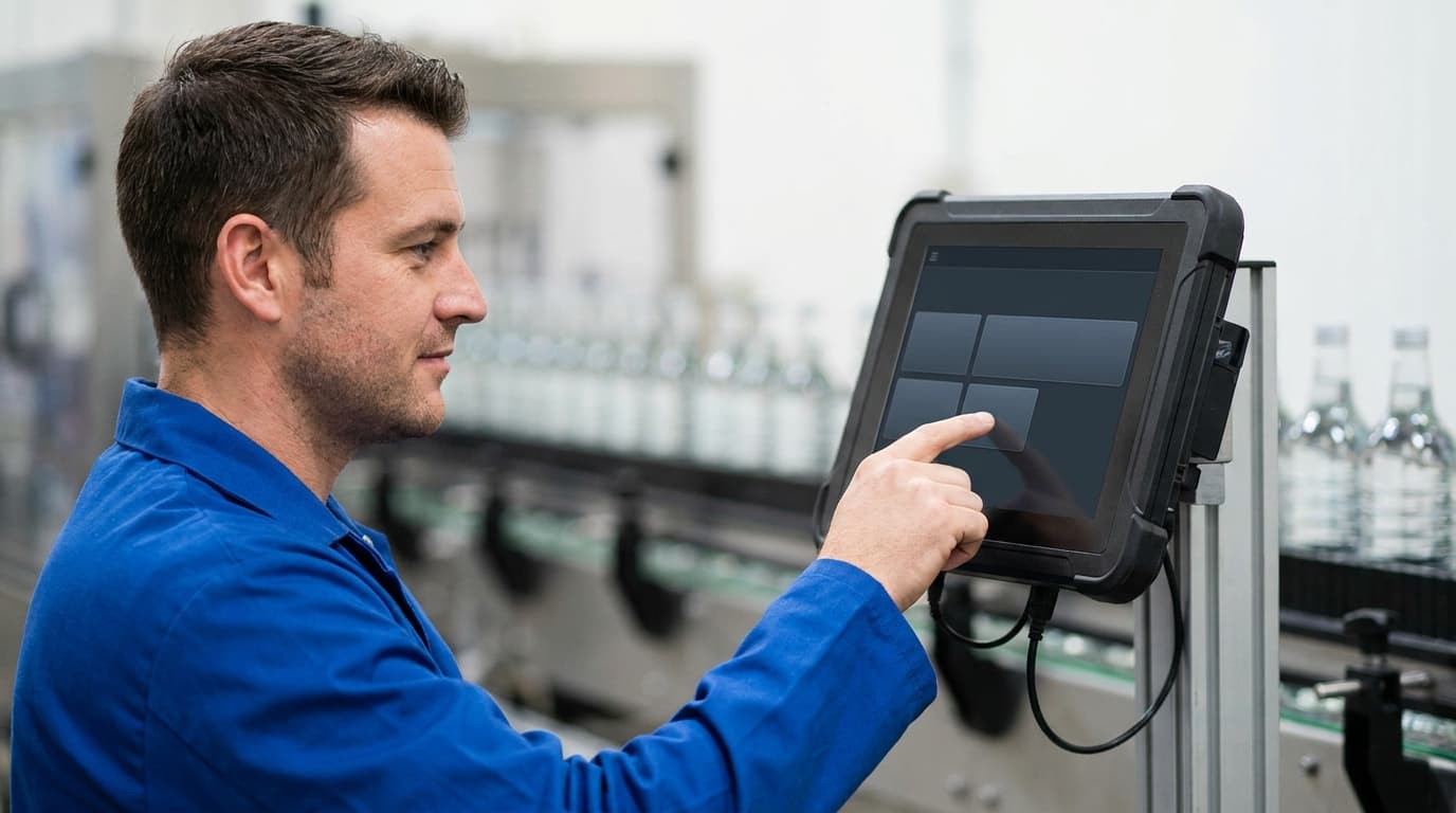 Line operator at a workstation touchscreen logging a stop reason on a bottling line