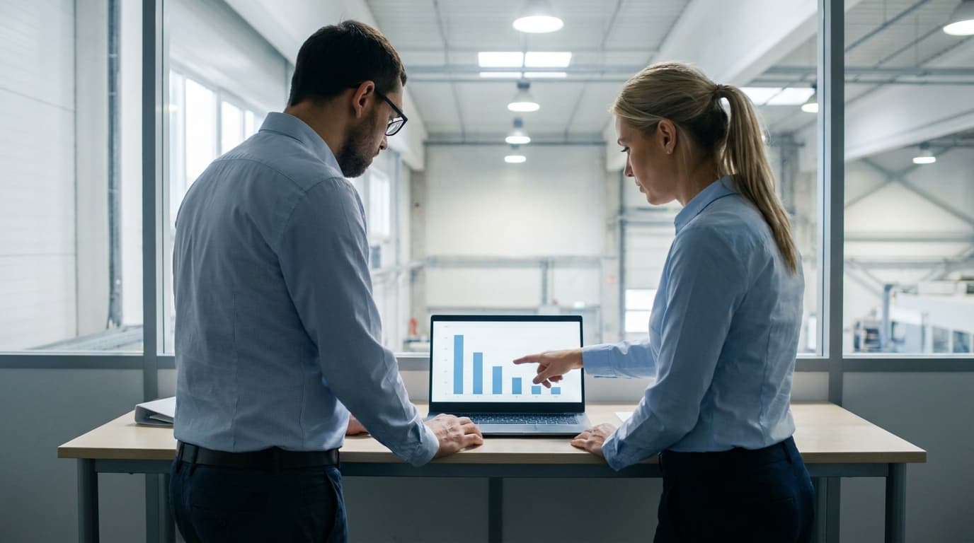 Two engineers reviewing a bar chart of downtime reasons on a laptop at a standing desk near the production floor
