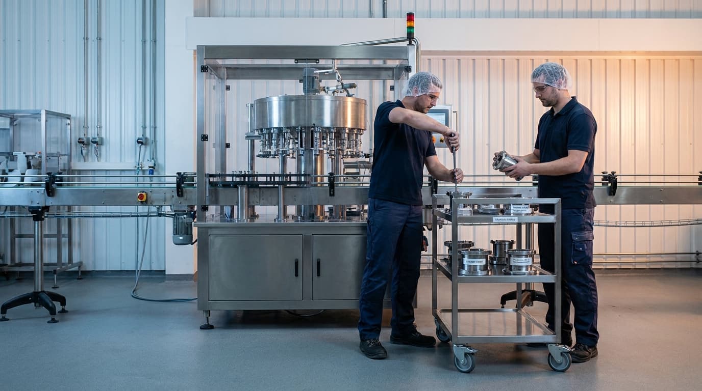 Team performing a scheduled changeover on a filling machine, parts staged on a cart