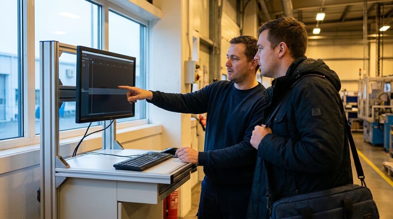 Two operators in conversation at a line-side workstation during shift change, one pointing at the screen