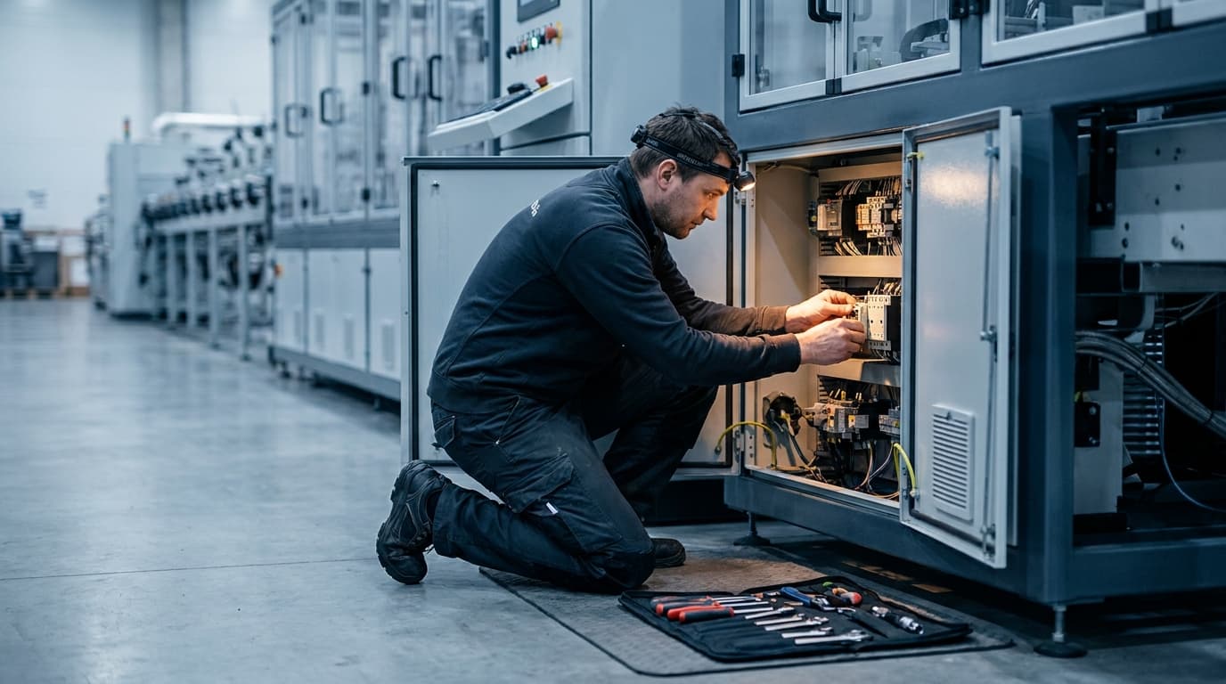 Maintenance technician kneeling beside an open machine panel with tools laid out on the floor