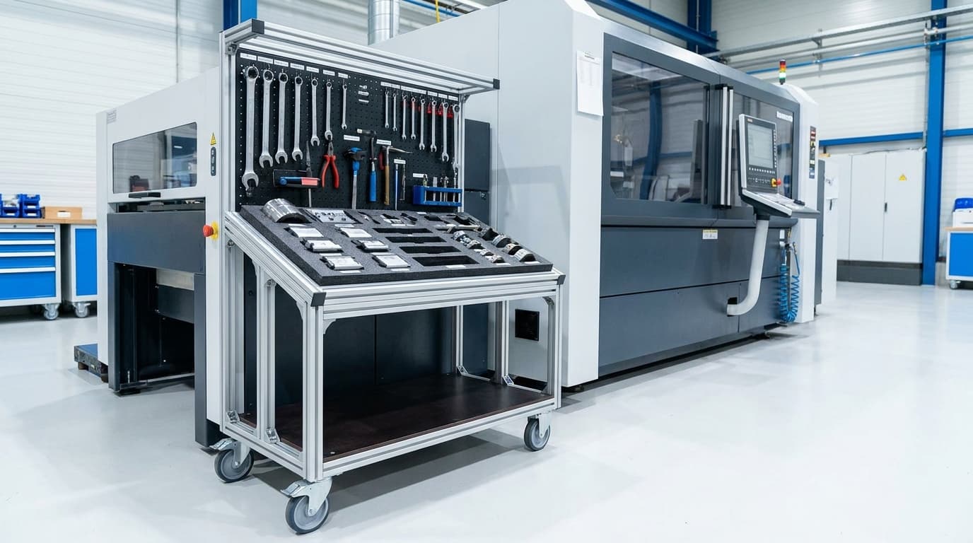 Changeover cart with labeled change parts staged next to a production machine