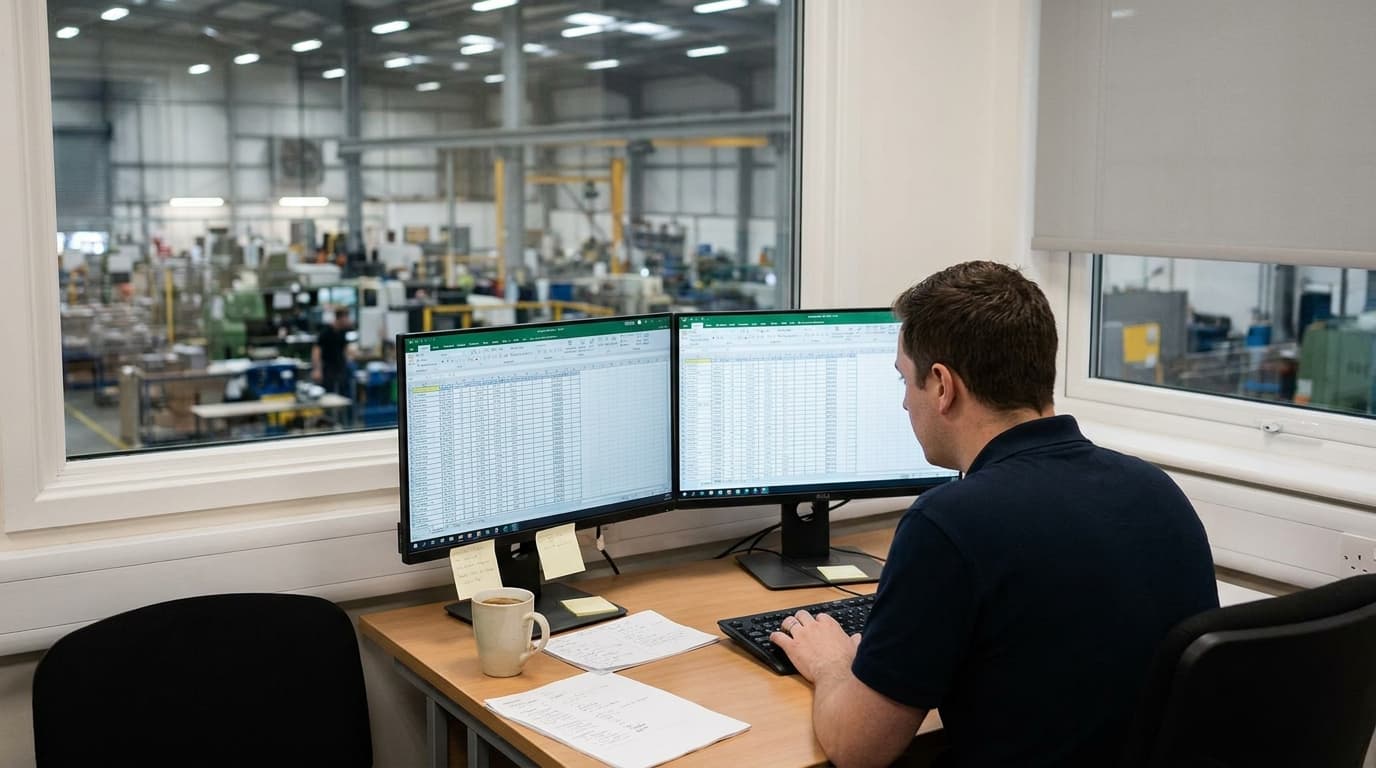 Production planner at a desk overlooking the factory floor, working in a spreadsheet across two monitors