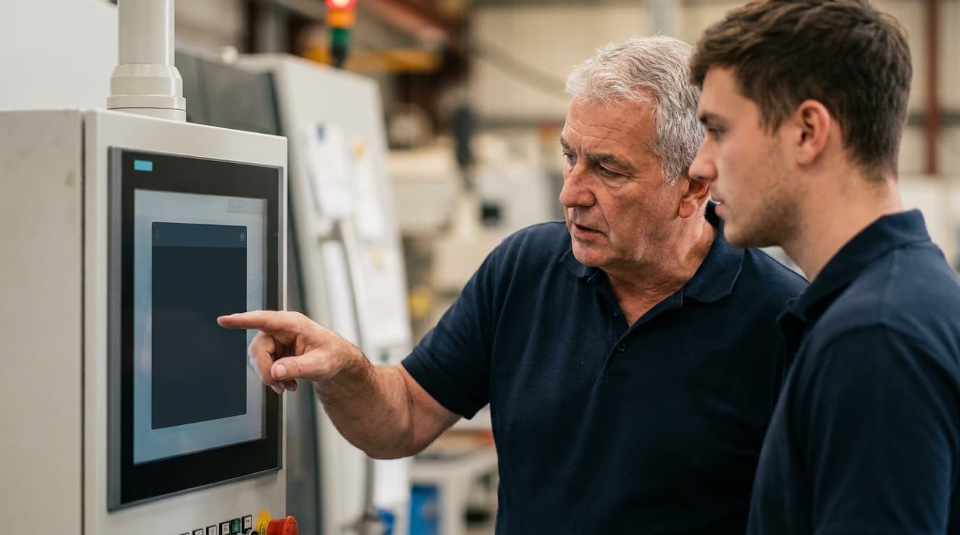 Experienced operator showing a younger colleague how to log a stop on a line-side touchscreen