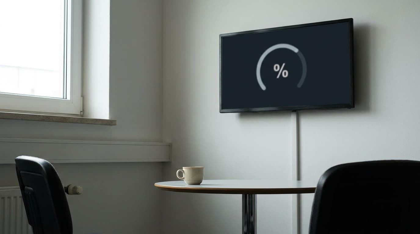 Wall-mounted screen in a factory break area showing a performance percentage figure