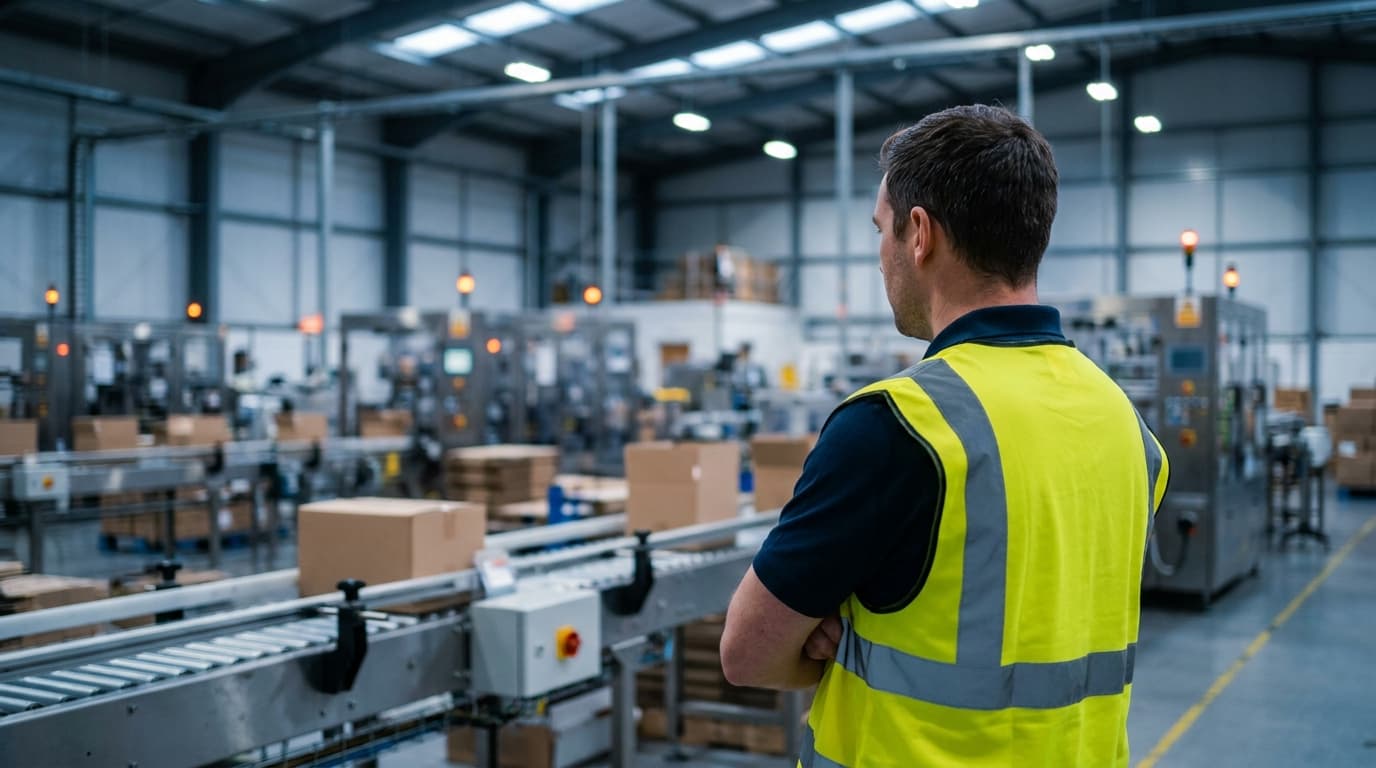 Production supervisor looking at a line of packaging machinery on a factory floor