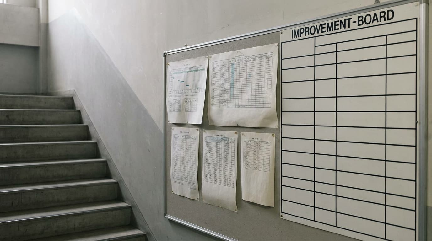 Faded improvement charts pinned to a shop-floor notice board beside a stairwell