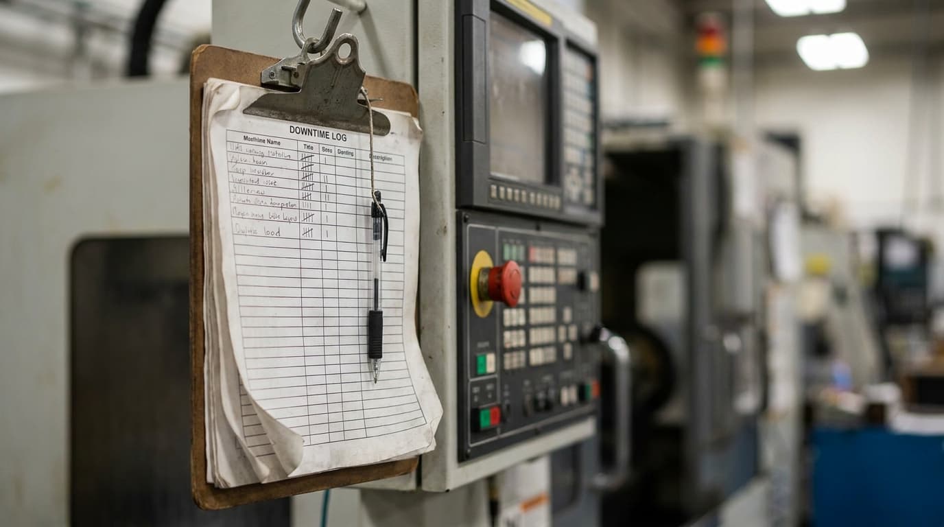 Well-worn paper downtime log sheet clipped beside a machine control station
