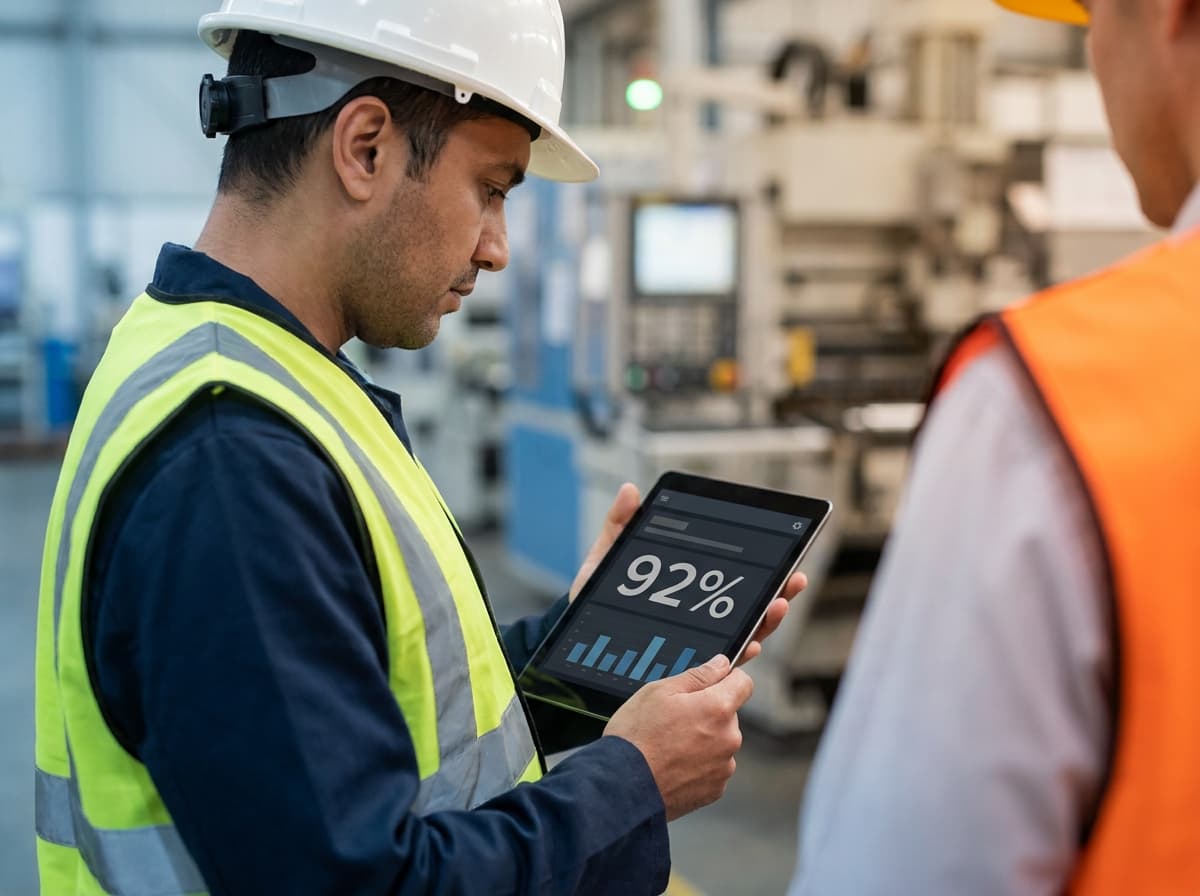 Shift lead reviewing live OEE data on a tablet on the plant floor