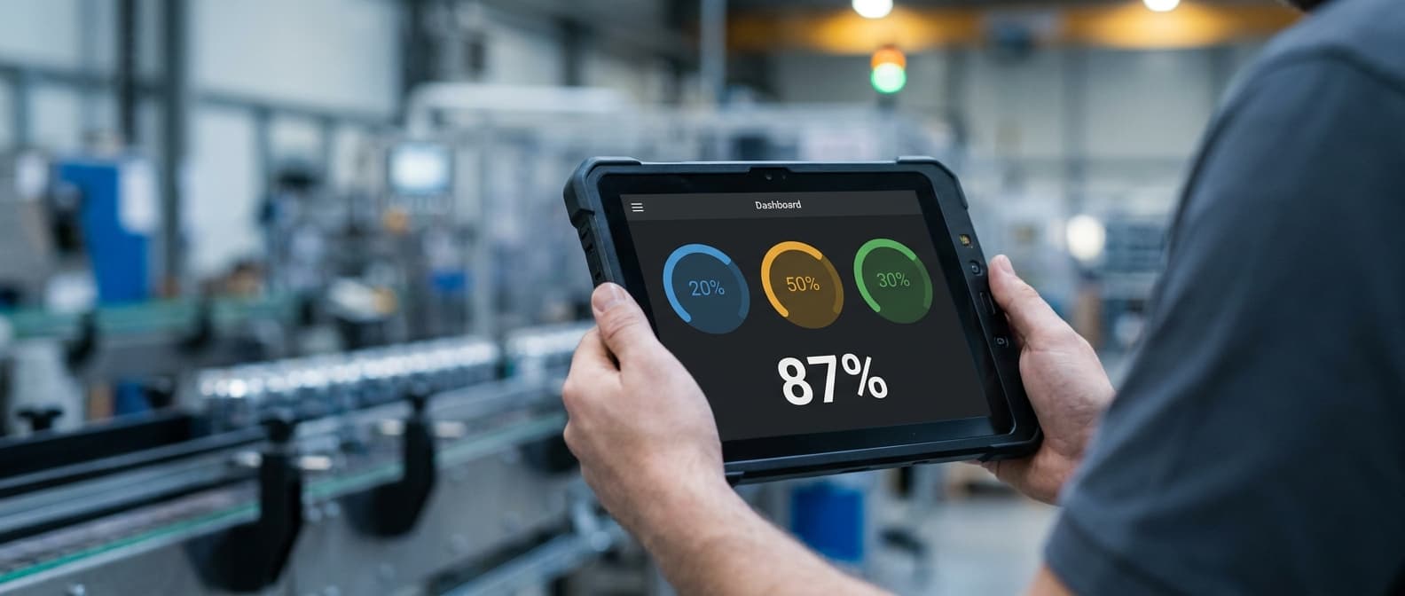 Live Availability, Performance, and Quality gauges overlaid on a production line
